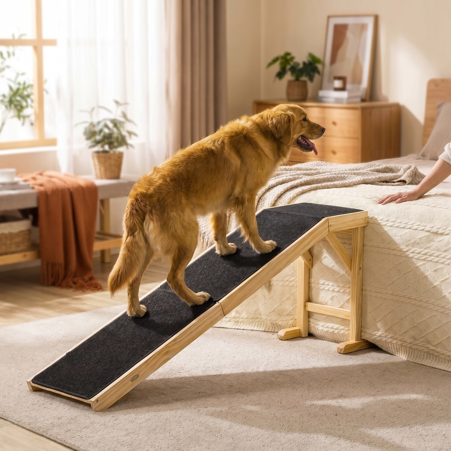 Wooden Dog Ramp for Bed – Non-Slip Pet Ramp for Senior, Small & Large Dogs with Top Platform