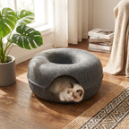 Grey felt cat nest in cozy living room with cat