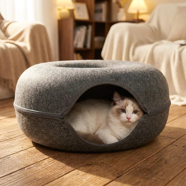 Grey felt cat nest close-up hero with cat curled inside