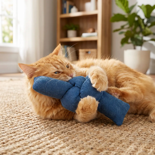 Soft knot cat kicker toy lifestyle