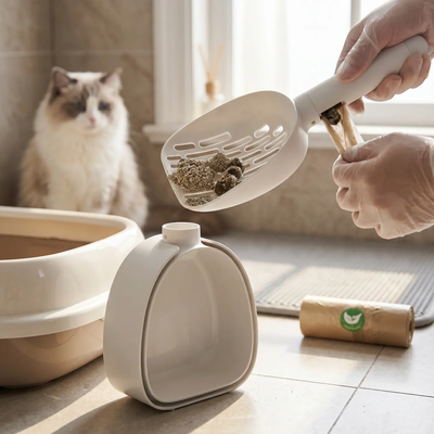 Cat Litter Scoop with Stand & Hidden Bag Storage – Durable Sifting Litter Shovel with Holder