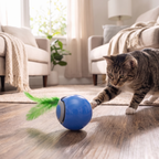 Automatic rolling cat ball darting across the floor as a cat pounces