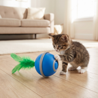 Kitten tapping the rolling cat ball toy to wake it up