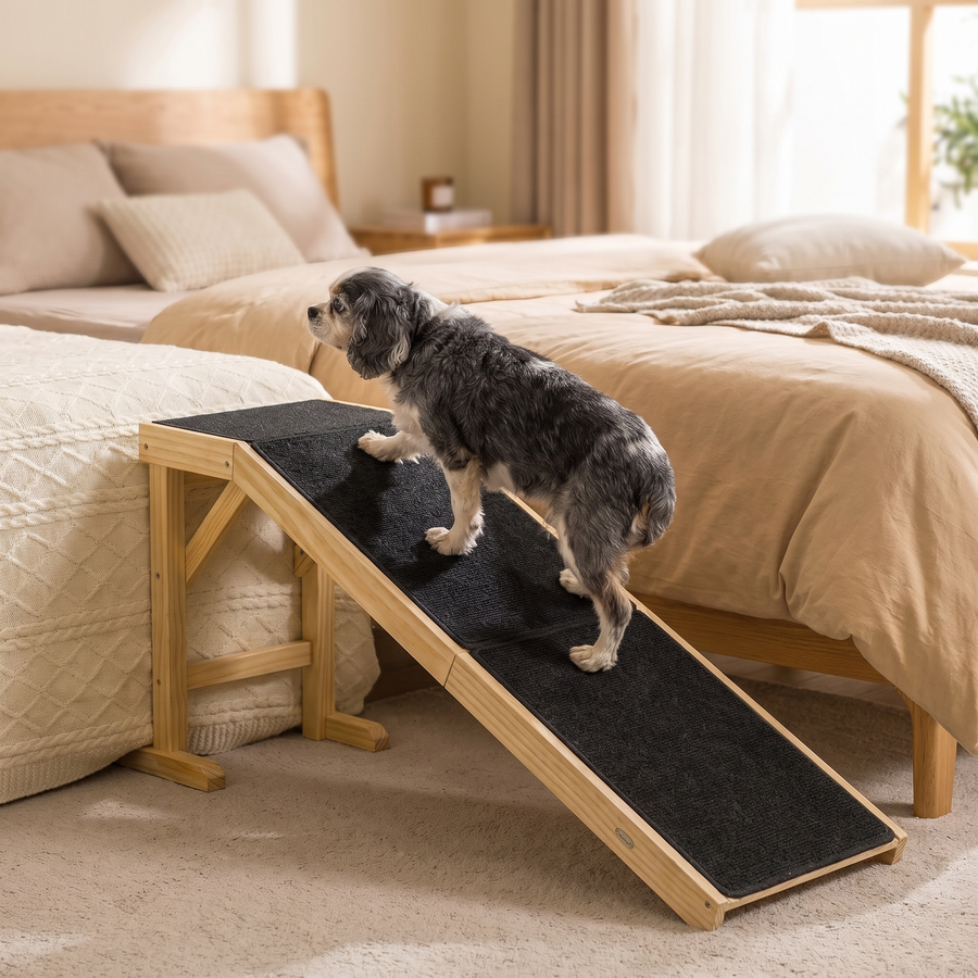 Wooden Dog Ramp for Bed – Non-Slip Pet Ramp for Senior, Small & Large Dogs with Top Platform