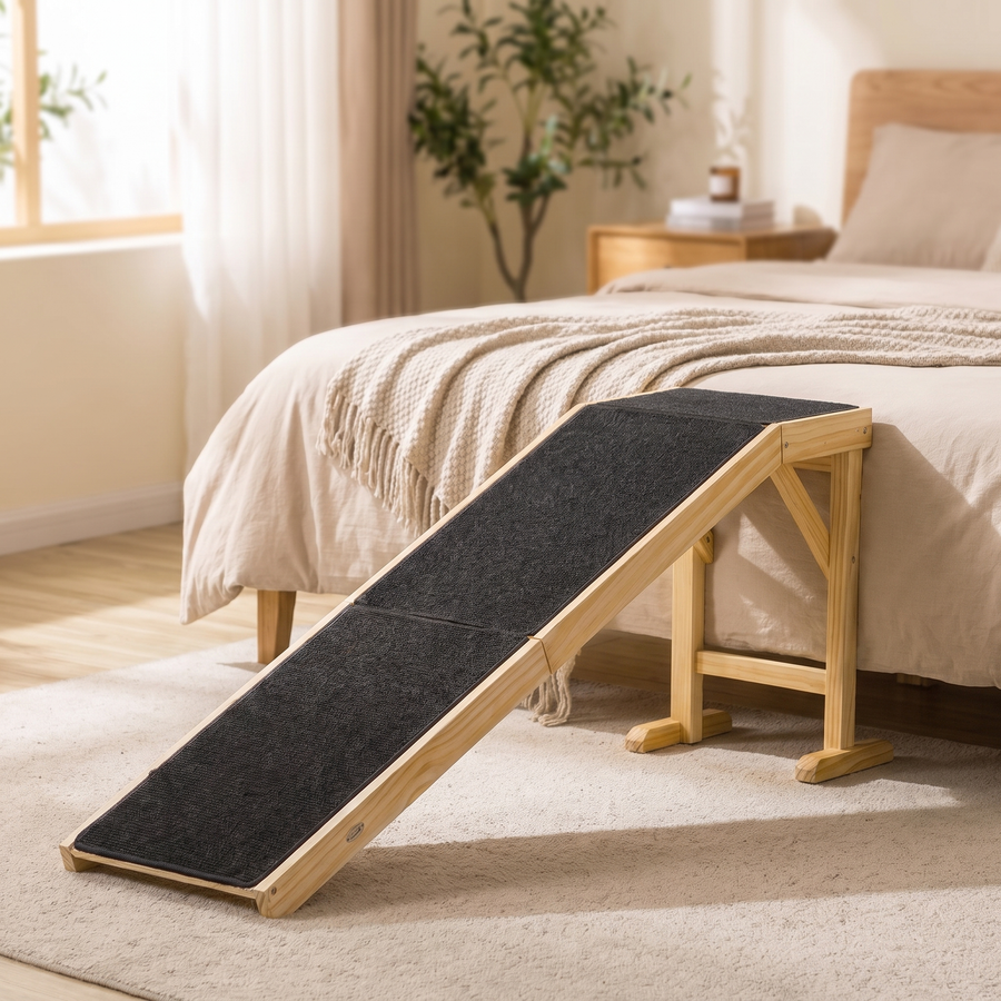 Wooden Dog Ramp for Bed – Non-Slip Pet Ramp for Senior, Small & Large Dogs with Top Platform