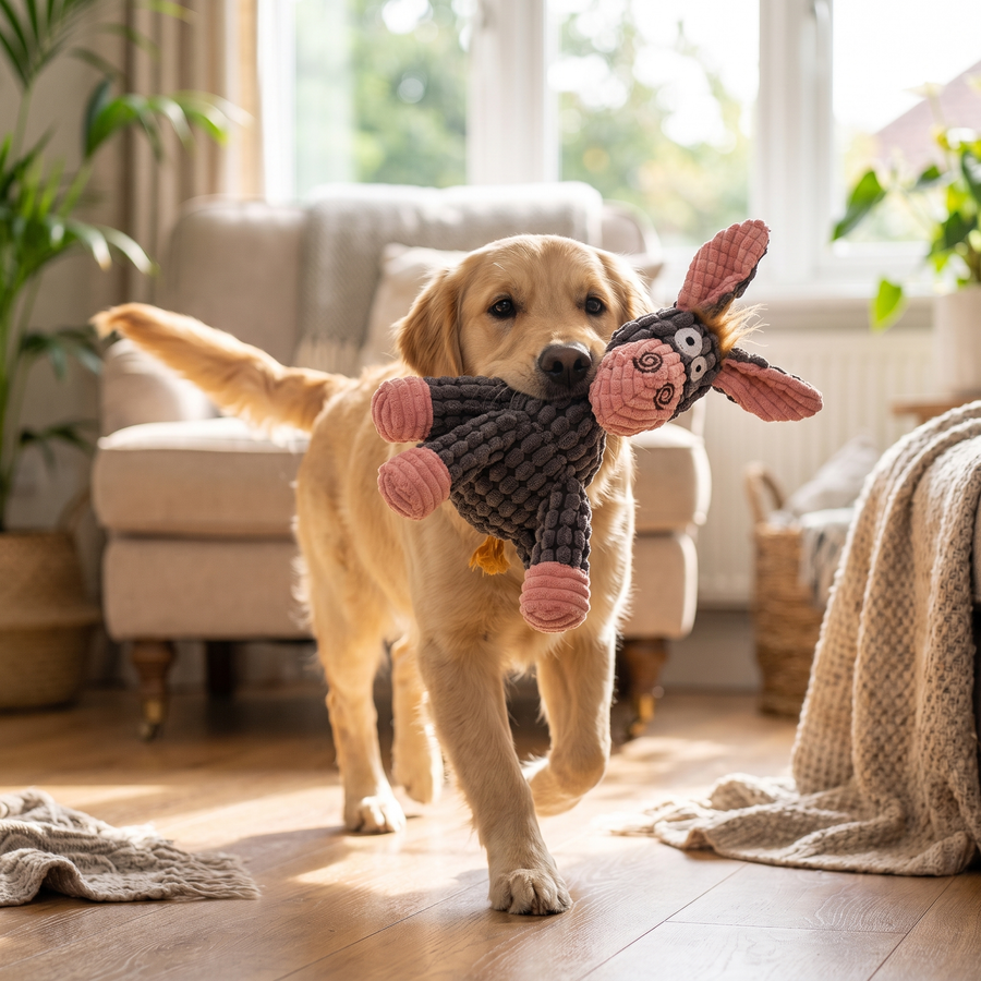 Squeaky Plush Dog Toy – Cute Corduroy Donkey Chew Toy for Puppies & Small Dogs (Squeaker Inside)
