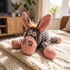 Plush donkey dog toy on a soft blanket