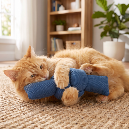 Cat back-paw kicking the soft knot toy