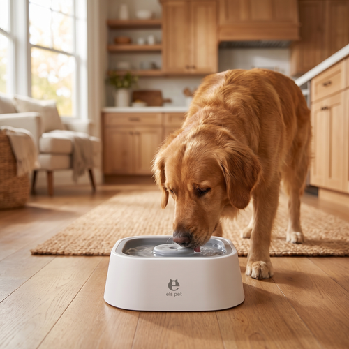 Dog drinking from the no-spill bowl with dry floor