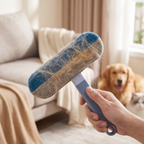 Close-up of the reusable hair remover brush with collected fur