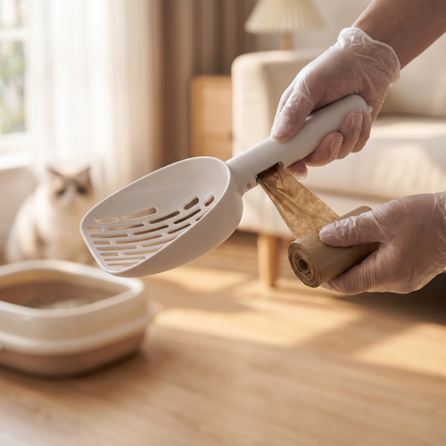 Cat litter scoop dispensing a waste bag from its handle