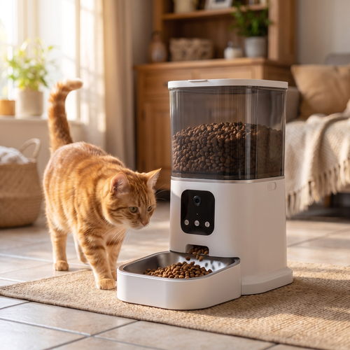 Automatic pet feeder dispensing food as a cat approaches