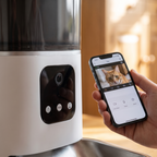 Close-up of the feeder camera with app view on a phone