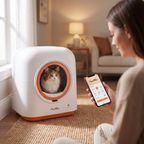 Owner controlling the litter box with a phone app