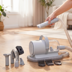 Cordless grooming kit with guide combs and attachments laid out