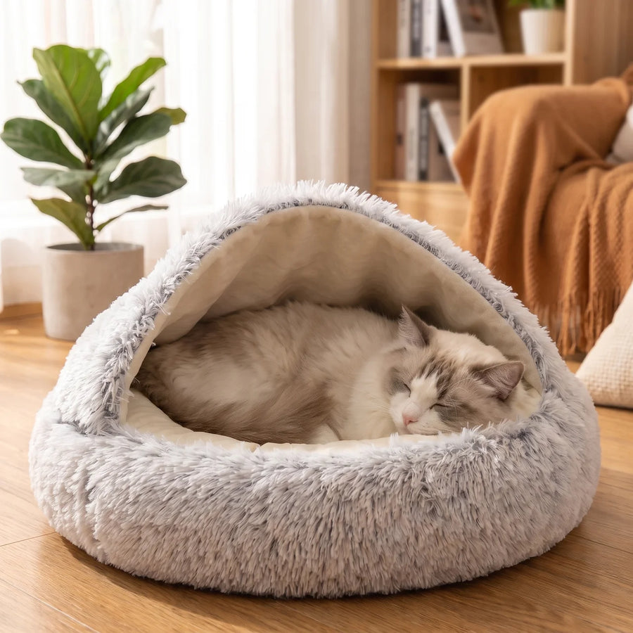 2-in-1 Plush Cat Cave Bed – Cozy Warm Calming Donut Bed & Hooded Hideaway for Cats