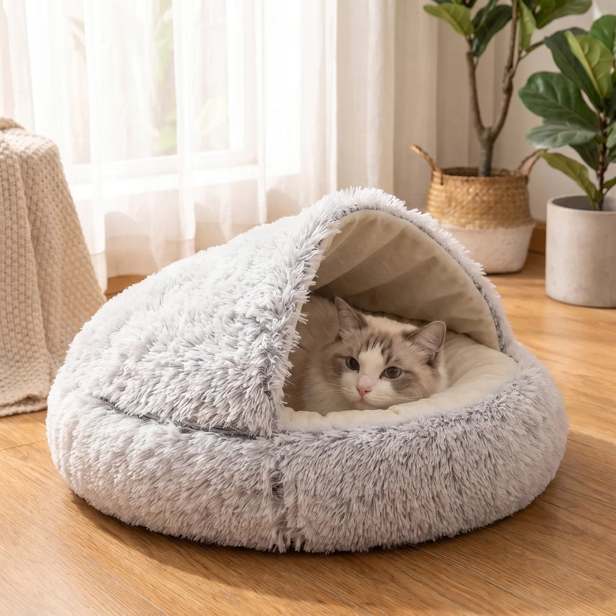 2-in-1 Plush Cat Cave Bed – Cozy Warm Calming Donut Bed & Hooded Hideaway for Cats